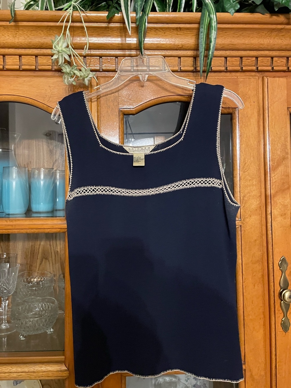 Vintage UNIFORM JOHN PAUL RICHARD stretch lattice sleeveless top navy & Tan SZ L